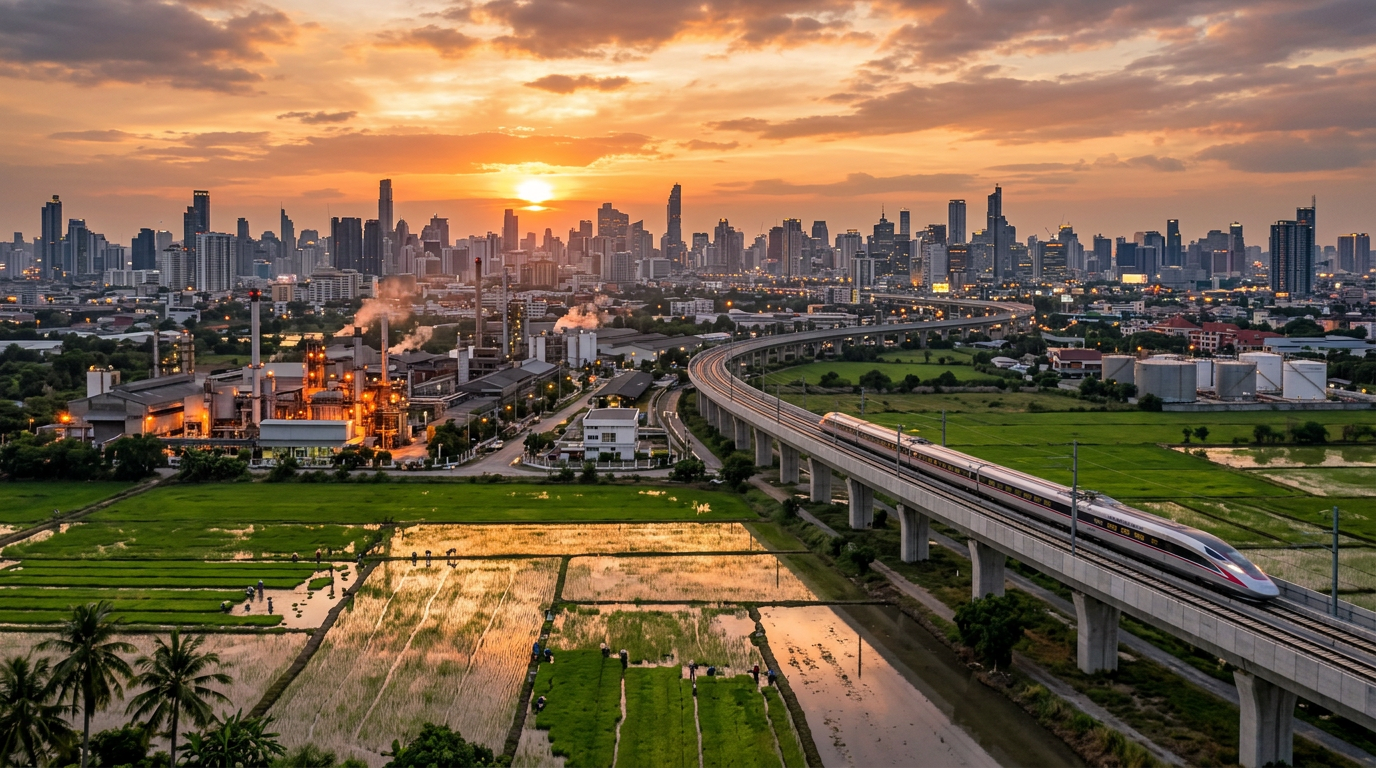 High-speed train on elevated track beside green fields and industrial area with city skyline at sunset